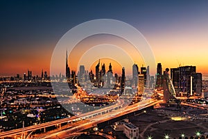 A beautiful Skyline view of Dubai, UAE as seen from Dubai Frame at sunset