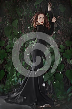 Beautiful slender brown-haired girl in a long black dress with an open back, red lips is a wall braided vine.