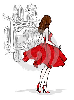 A beautiful slender girl with long legs in fashionable clothes. A model in a skirt, top and high-heeled shoes. Vector illustration