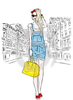 Beautiful slender girl in overalls shorts, glasses and with a bag. Vector illustration. Long hair. Fashion and style.