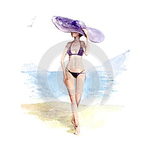Girl in straw hat and swimsuit on beach, watercolor illustration on white background. photo