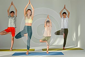 A beautiful slender woman, a boy and two teenagers perform a yoga exercise, stand on mats in a tree pose