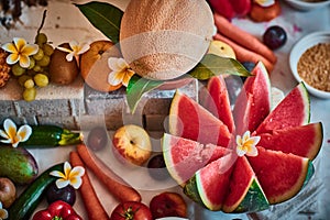 Beautiful sliced fruits arranged for vedic wedding