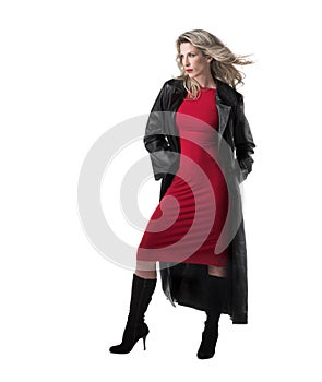 Beautiful,slim blonde woman, red dress, black coat