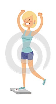 Beautiful slim girl on scales fitness healthy body vector.