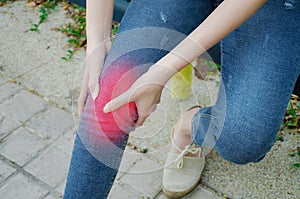 Beautiful slim girl,Woman having knee pain in park after she exercise.woman with knee pain