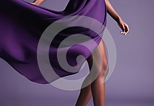 Beautiful slim sexy hot woman legs in studio with Light fabric flutters in the wind . Seductive Close up shot of female knee in