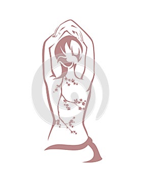 Beautiful slim woman back and flower branch monochrome vector outline