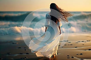 Beautiful slim woman with long flowing brown hair in white fluttering dress in the wind against the background of the sea at