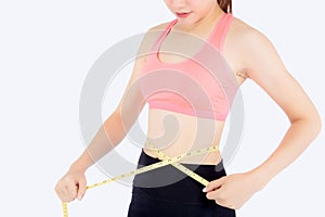 Beautiful slim young asian woman measuring tape thin waist wear uniform fitness isolated white background