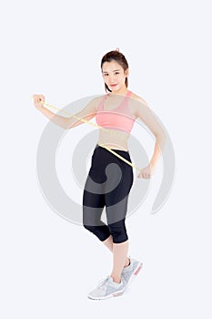 Beautiful slim young asian woman measuring tape thin waist wear uniform fitness isolated white background