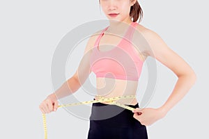 Beautiful slim young asian woman measuring tape thin waist wear uniform fitness isolated white background