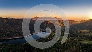 Beautiful landscape with valleys, lakes and rivers in High Tatras in fog