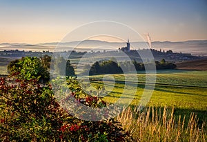 Beautiful landscape with valleys, lakes and rivers and church