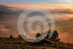 Beautiful landscape with valleys, lakes and rivers in fog under High Tatras