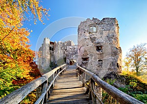 Beautiful Slovakia landscape at autumn with Uhrovec castle ruins at sunset