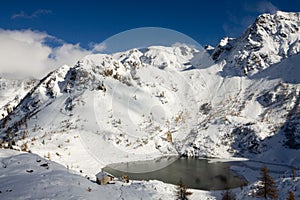 Beautiful small alpine lake in winter season landscape
