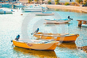 Beautiful small boats in the harbor of a small town Postira - Croatia, island Brac