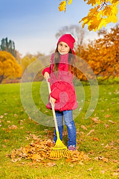 Beautiful small girl works with yellow rake