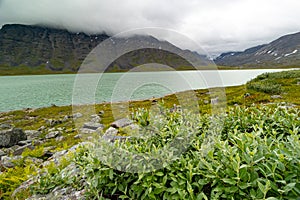 A beautiful small mountain lake in Sarek National Park, Sweden during august.