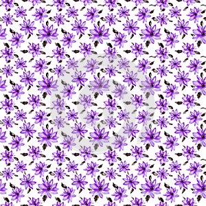 Beautiful small purple flowers with leaves on white background. Seamless floral pattern. Watercolor painting.