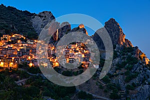 Beautiful small village Castelmezzano in dolomiti lucane on mountains blue hour