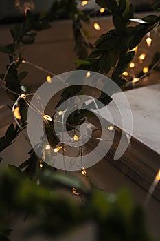 Beautiful small warm light garland with branch for new year, wedding. Cozy and cute background. Soft focus