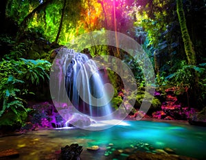 Beautiful small waterfall with tropical forest background, capturing the essence on digital art concept