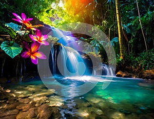 Beautiful small waterfall with tropical forest background, capturing the essence on digital art concept