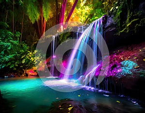 Beautiful small waterfall with tropical forest background, capturing the essence on digital art concept