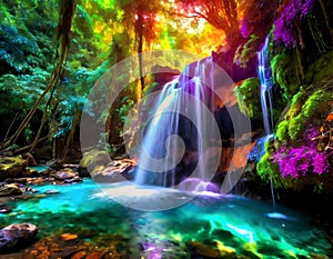 Beautiful small waterfall with tropical forest background, capturing the essence on digital art concept