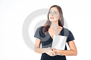 Beautiful, smart, attractive and mature business woman on isolated white background. Portrait smiling, thinking woman