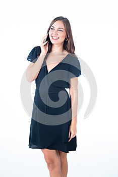 Beautiful smart attractive and mature business woman with mobile phone on isolated white background. Portrait smiling thinking and