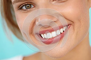 Beautiful Smile. Smiling Woman Face With White Teeth, Full Lips