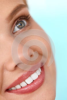 Beautiful Smile. Smiling Woman Face With White Teeth, Full Lips