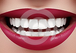 Beautiful Smile with Whitening Teeth. Dental Photo. Macro Closeup of Perfect Female Mouth, Lipscare Rutine