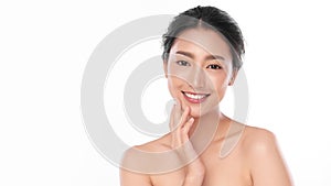 Beautiful smile young asian woman. White teeth on white background, Dental care. Dentistry concept