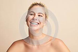 Beautiful smile of young woman with healthy white teeth on beige background, Dental care. Dentistry concept