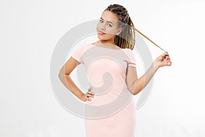 Beautiful smiling african american girl with afro hairstyle in blank template t shirt dress isolated on white background.