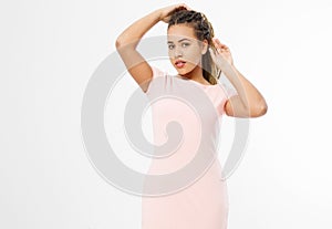 Beautiful smiling african american girl with afro hairstyle in blank template t shirt dress isolated on white background.