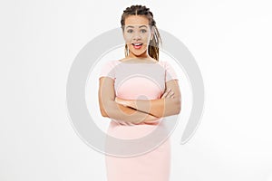 Beautiful smiling african american girl with afro hairstyle in blank template t shirt dress isolated on white background.