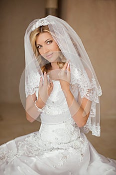 Beautiful smiling bride woman in wedding dress and bridal veil p