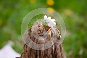 Beautiful smiling brunette young women  in blossom apple tree garden in spring time. Enjoy Nature. Healthy girl outdoor. Spring