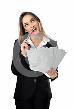 Beautiful smiling business woman with blank sign