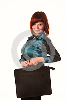 Beautiful smiling business woman holding black briefcase