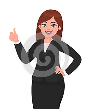Beautiful smiling business woman showing thumbs up sign / gesture. Like, agree, approve, positive.