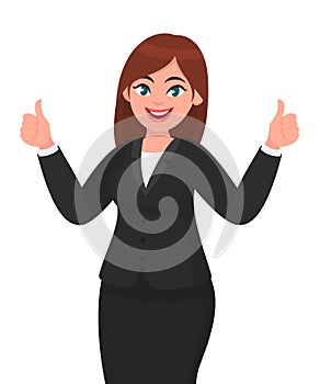 Beautiful smiling business woman showing thumbs up sign / gesturing with both hands. Like, agree, approve, positive.