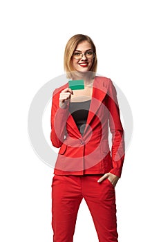 Beautiful smiling business woman wearing spectacles and in the r