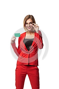 Beautiful smiling business woman wearing spectacles and in the r