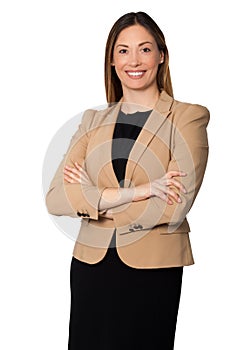 Beautiful smiling businesswoman arms folded standing